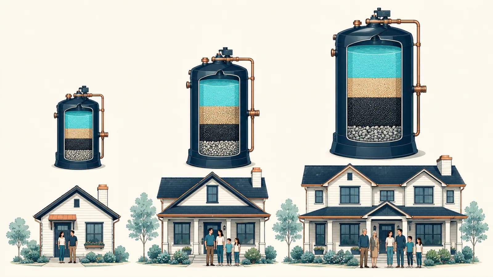 Three softener tanks of increasing size, each beside a house with more people