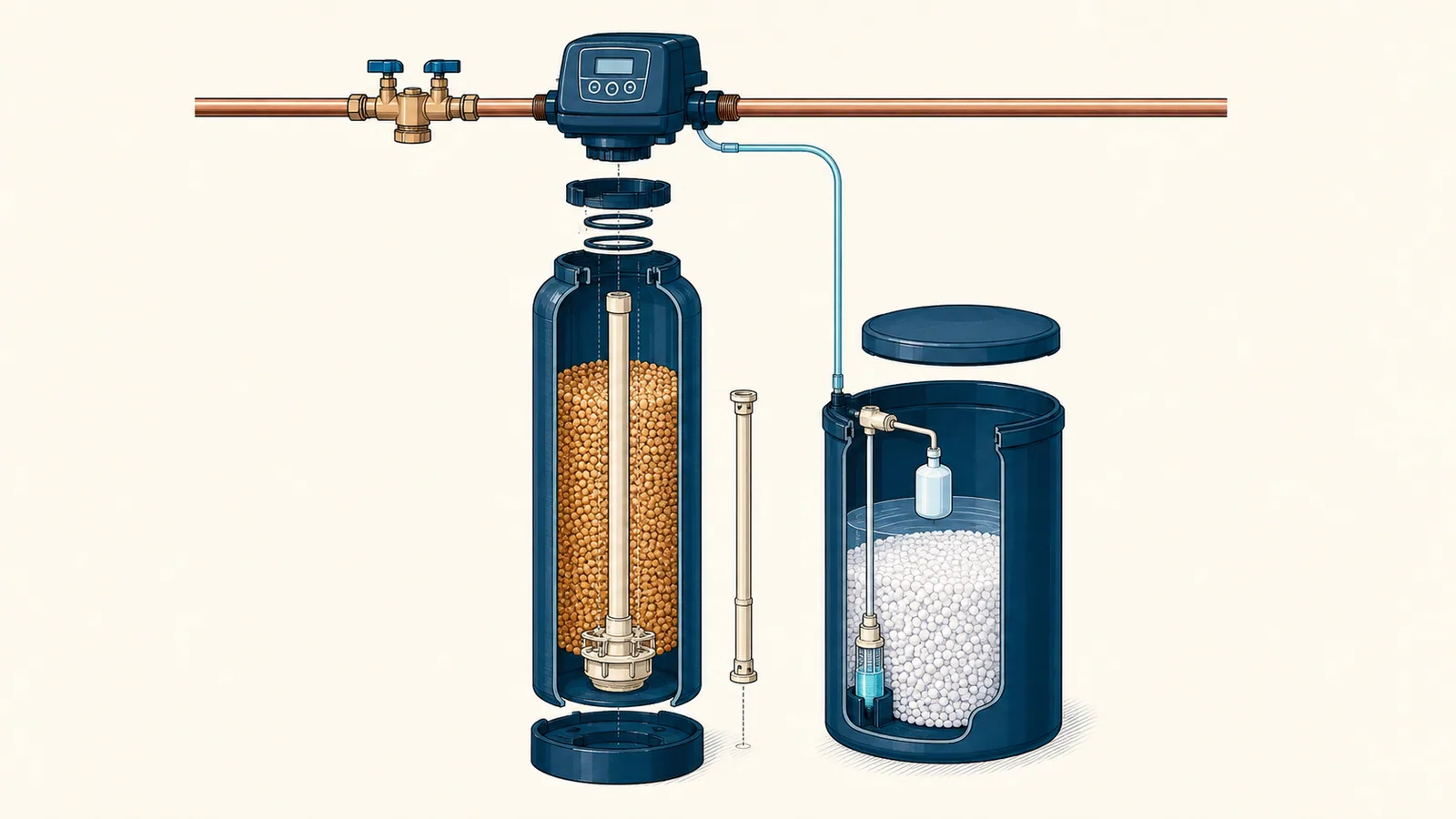 Exploded view of a water softener: control valve, resin tank with distributor tube, brine tank with float valve, brine line and bypass valve