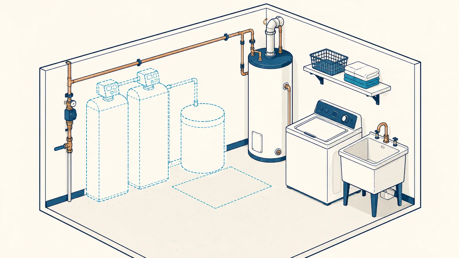 A utility room from above with dashed outlines showing where two tanks and a brine tank would stand by the main line