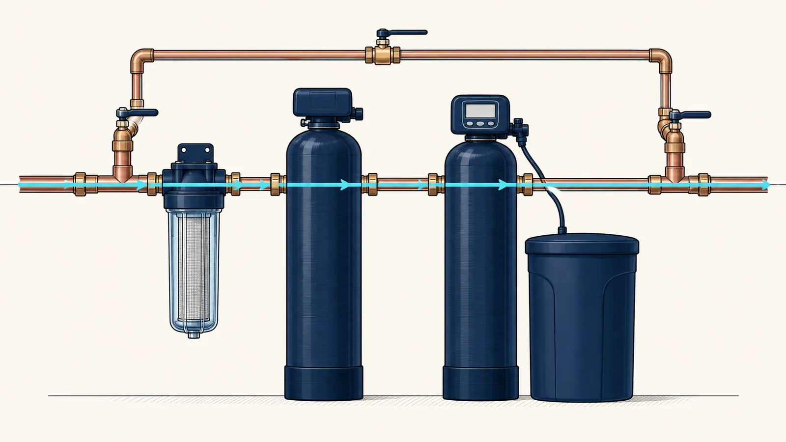 Side elevation of a whole house filter tank followed by a water softener and brine tank on one main line with a bypass loop