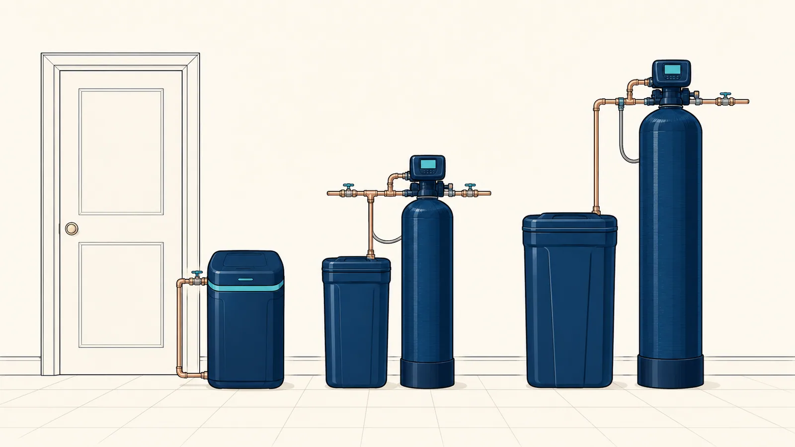 Three water softeners to scale: a compact cabinet unit, a standard two-tank system, and a large-capacity system with a taller resin tank