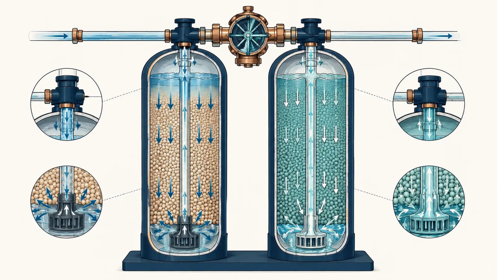 Cutaway of a twin-tank water softener with a water-driven valve: one tank softening while the other regenerates