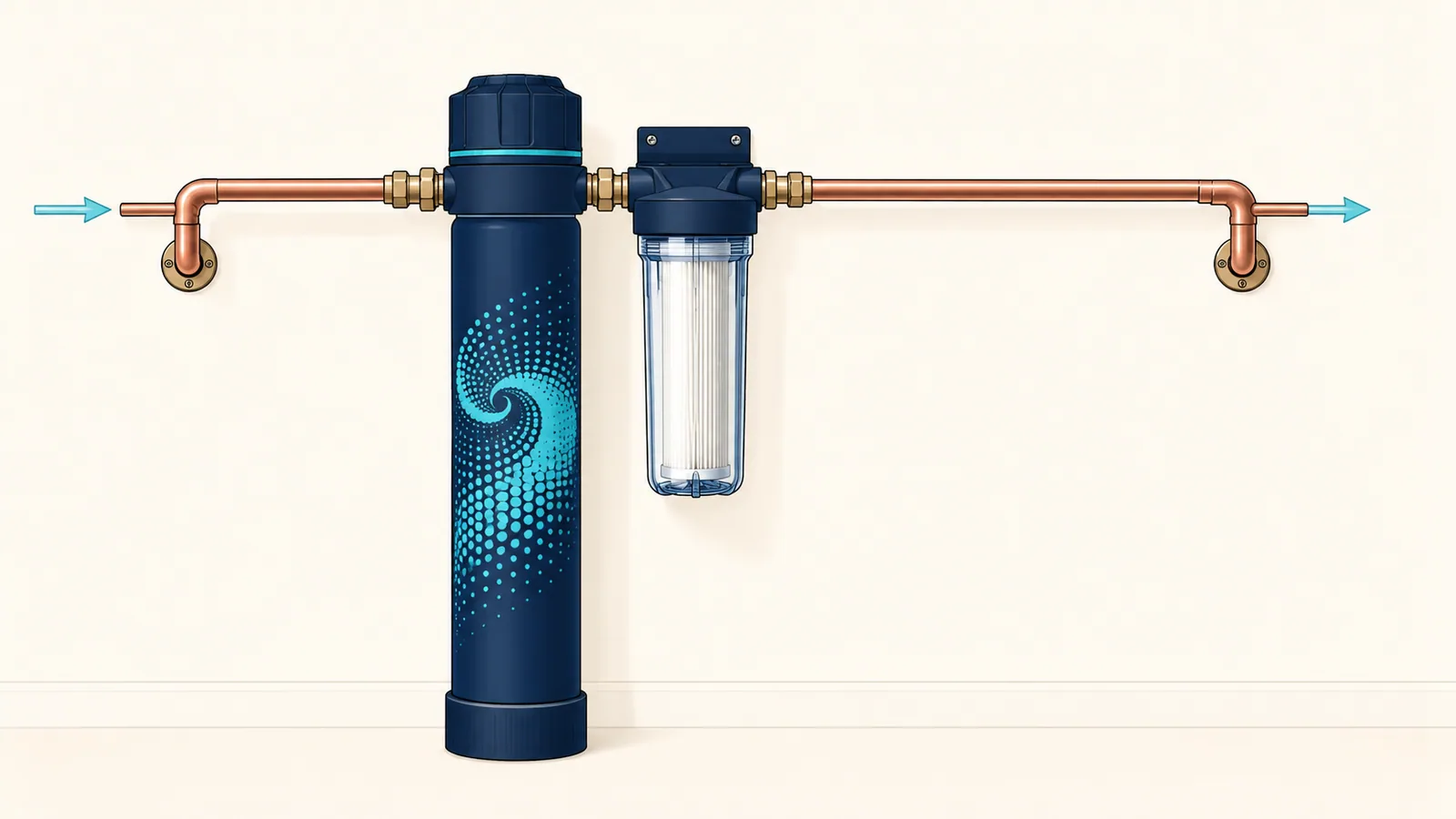 A salt-free water conditioner: one tank and a pre-filter on the wall, with no brine tank, drain line or power cord