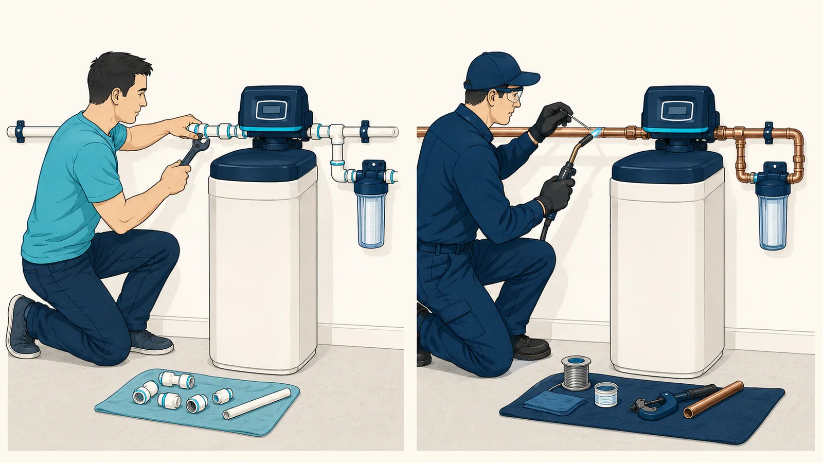 Split scene: a homeowner fitting push-fit connectors on a water softener, and a plumber soldering copper for the same job