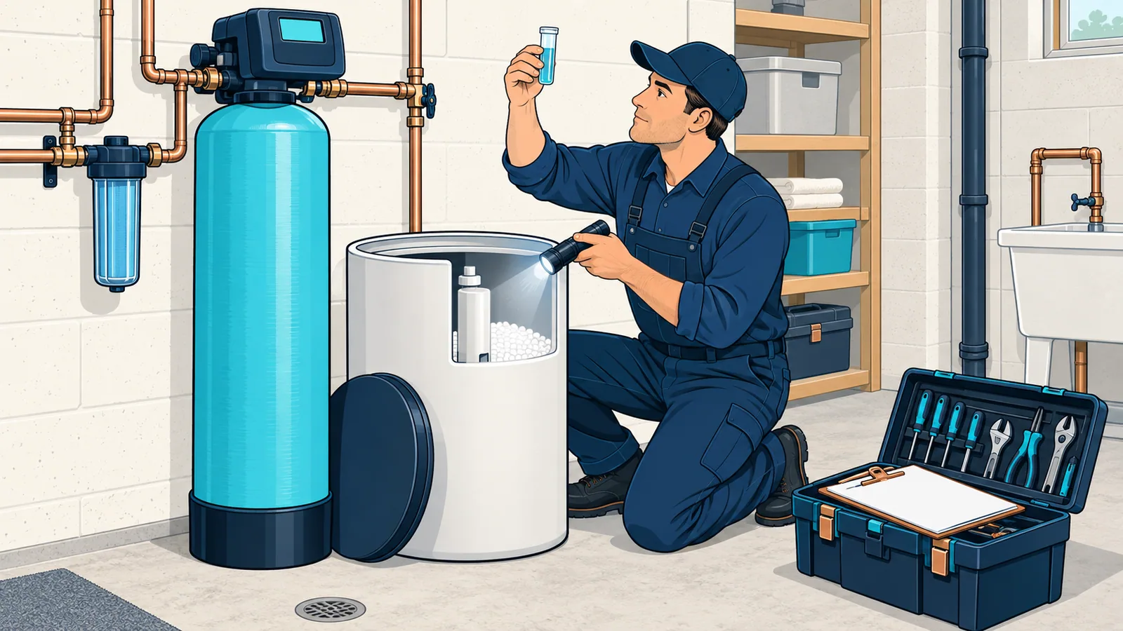 A technician testing a water sample beside an opened brine tank and softener, toolbox and blank clipboard at hand