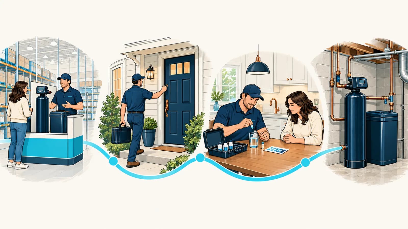 Four scenes on a path from a warehouse store kiosk to a home water test and then a softener installed in a basement