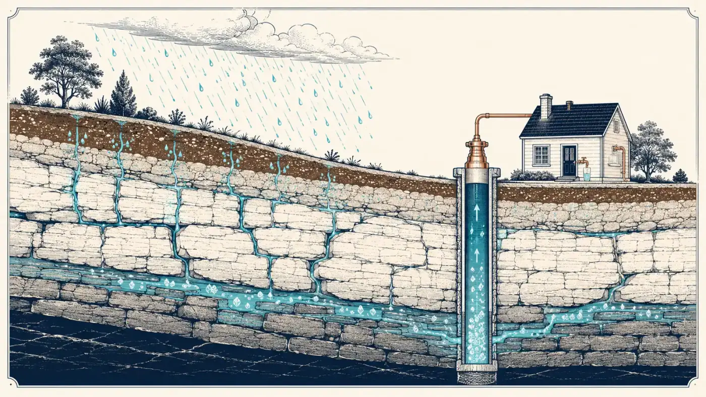Cross-section showing rain soaking through limestone bedrock, dissolving minerals, and reaching a house through a well