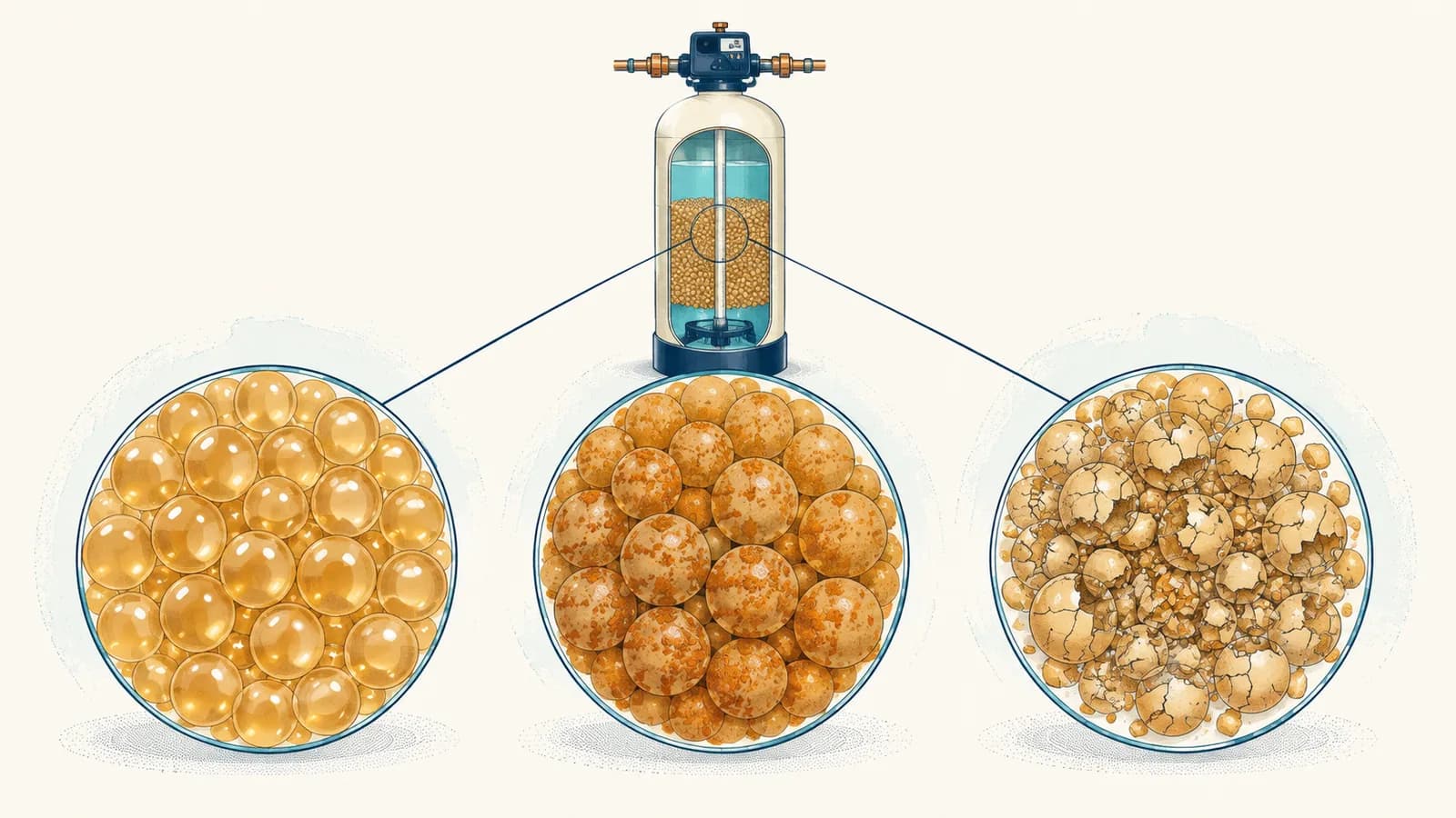 Three magnified stages of resin beads: fresh and round, iron-fouled, and cracked and crumbling