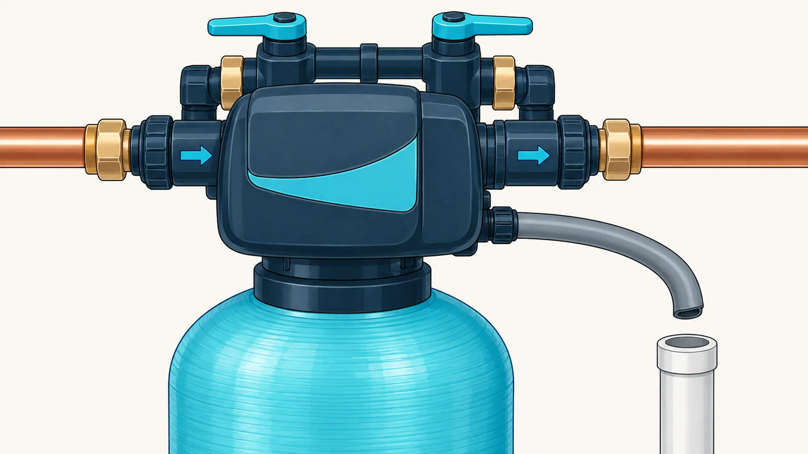 A softener valve head with its bypass, directional arrows on the ports, and a drain hose ending above a standpipe with a visible gap