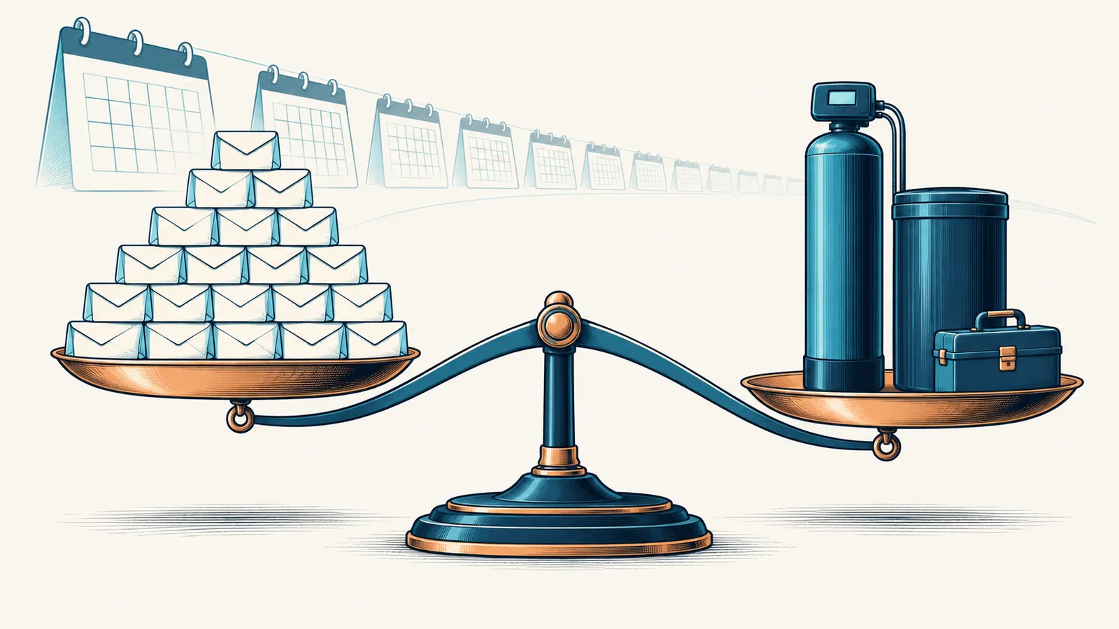 A balance scale weighing a growing stack of monthly payment envelopes against a single purchased water softener and a toolbox