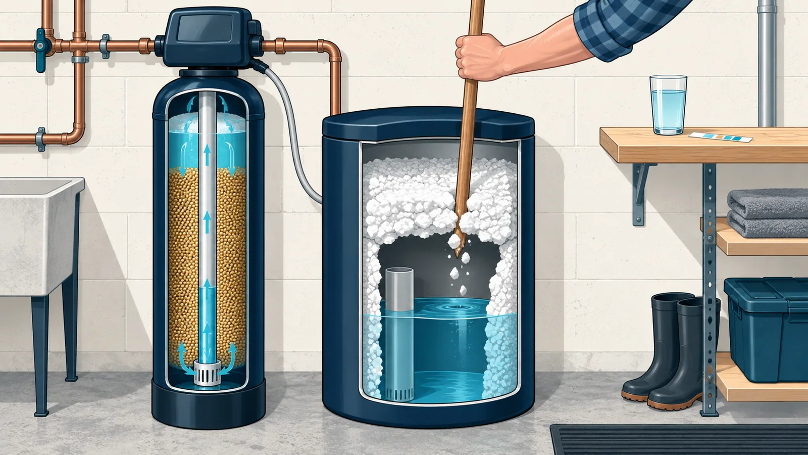 A hand breaking a salt bridge in a brine tank with a broom handle, with a test strip and a glass of water ready nearby