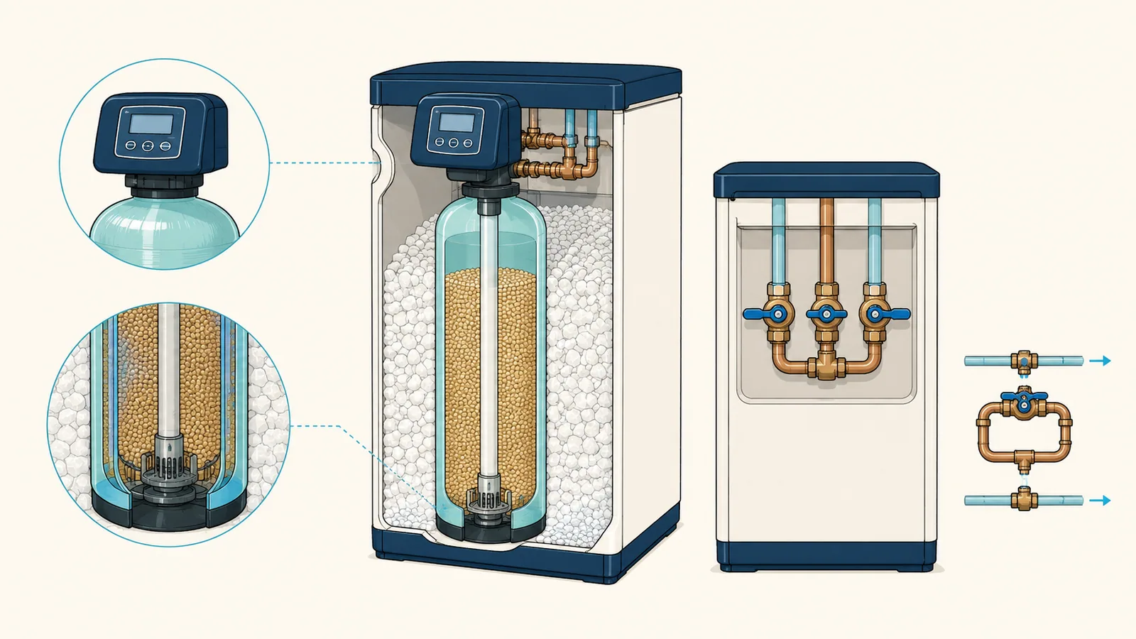 Cutaway of a cabinet water softener showing the resin tank inside the salt cabinet with the control head on top