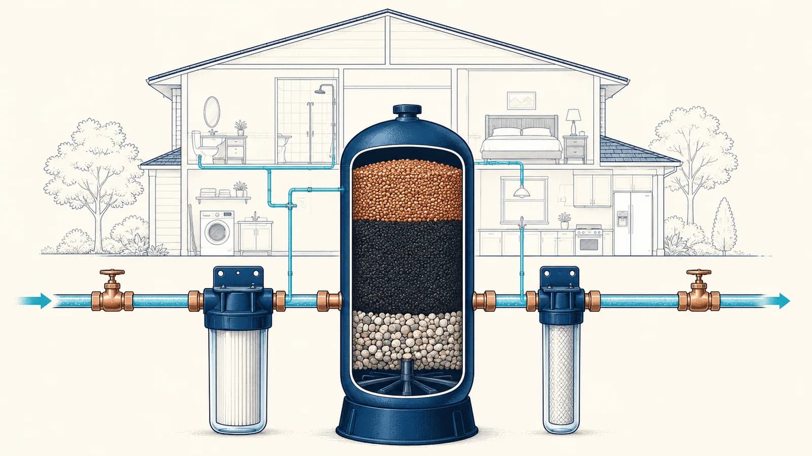 Cutaway of a whole house filter tank with a copper-zinc layer over carbon, flanked by pre- and post-filter housings