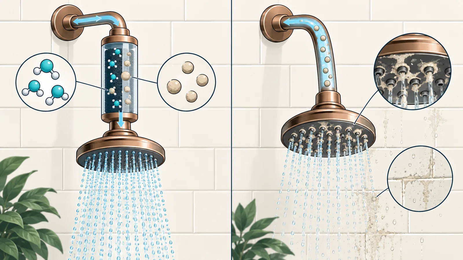 A shower filter cartridge catching chlorine molecules while mineral particles pass through and still leave scale on the shower head and tiles