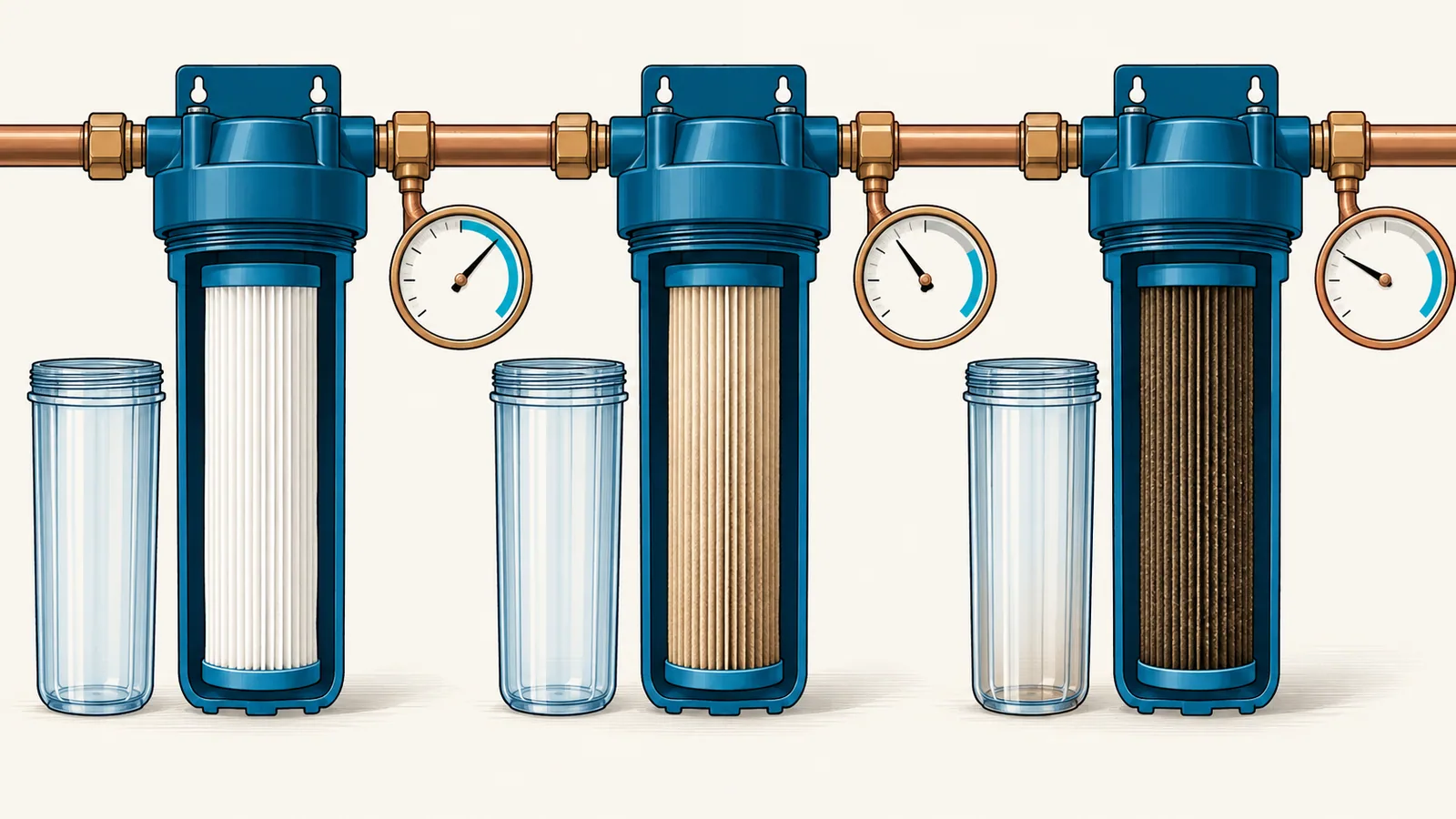 Three filter housings showing a clean cartridge, a partly loaded one and a clogged one, with pressure gauge needles dropping from left to right