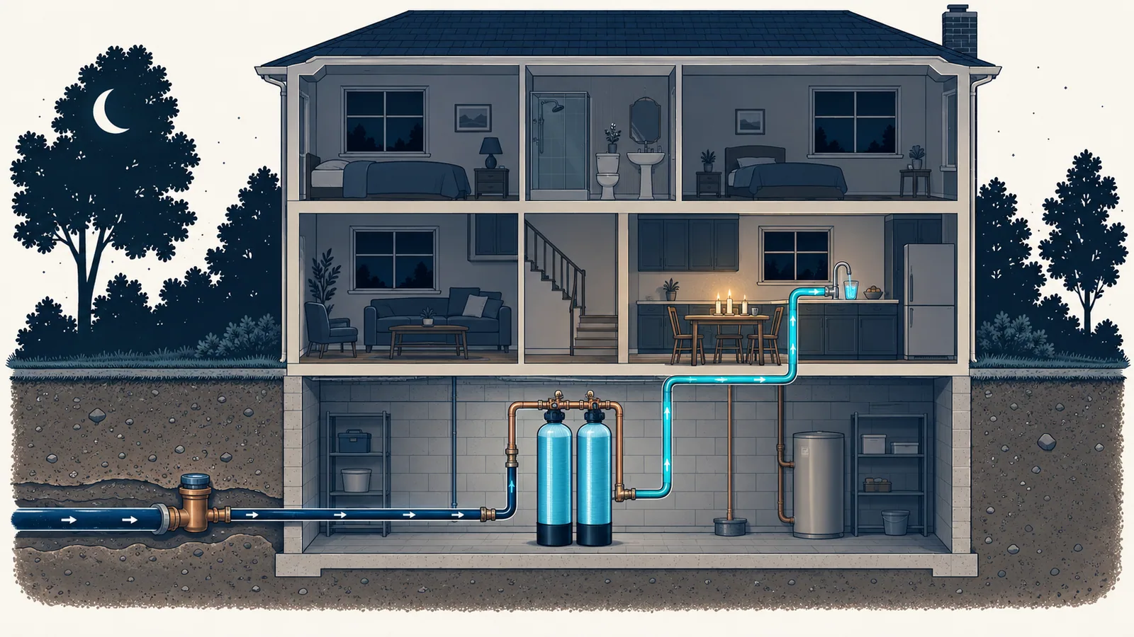 A house in a nighttime power outage where a twin tank softener with no power cord keeps sending water from the city main to the kitchen faucet