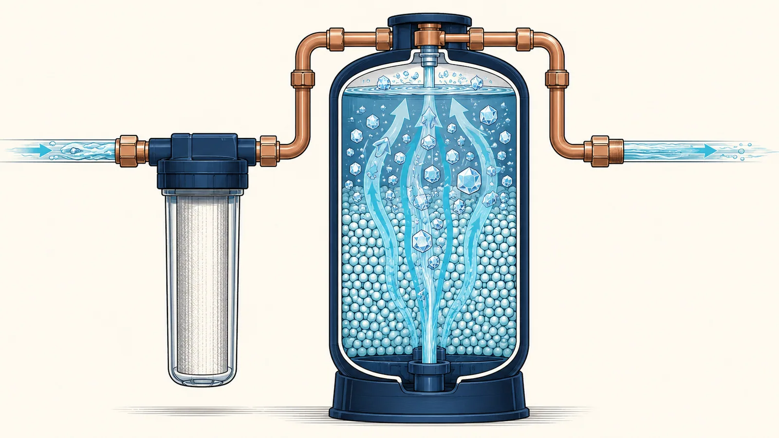 Cutaway of a salt-free conditioner with water flowing upward through a media bed, and a pre-filter housing beside it