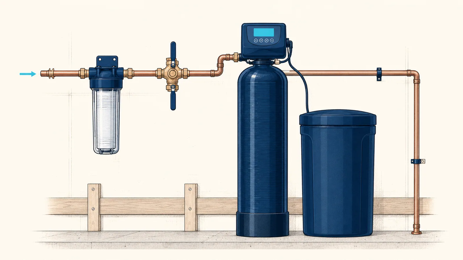 Two-tank water softener installation: resin tank and control head, brine tank, bypass valve and pre-filter on a copper main
