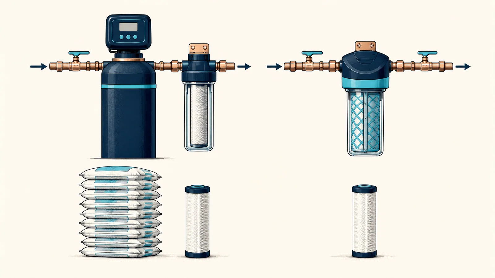 A softener above a stack of salt bags and a cartridge, beside a conditioner above a single cartridge