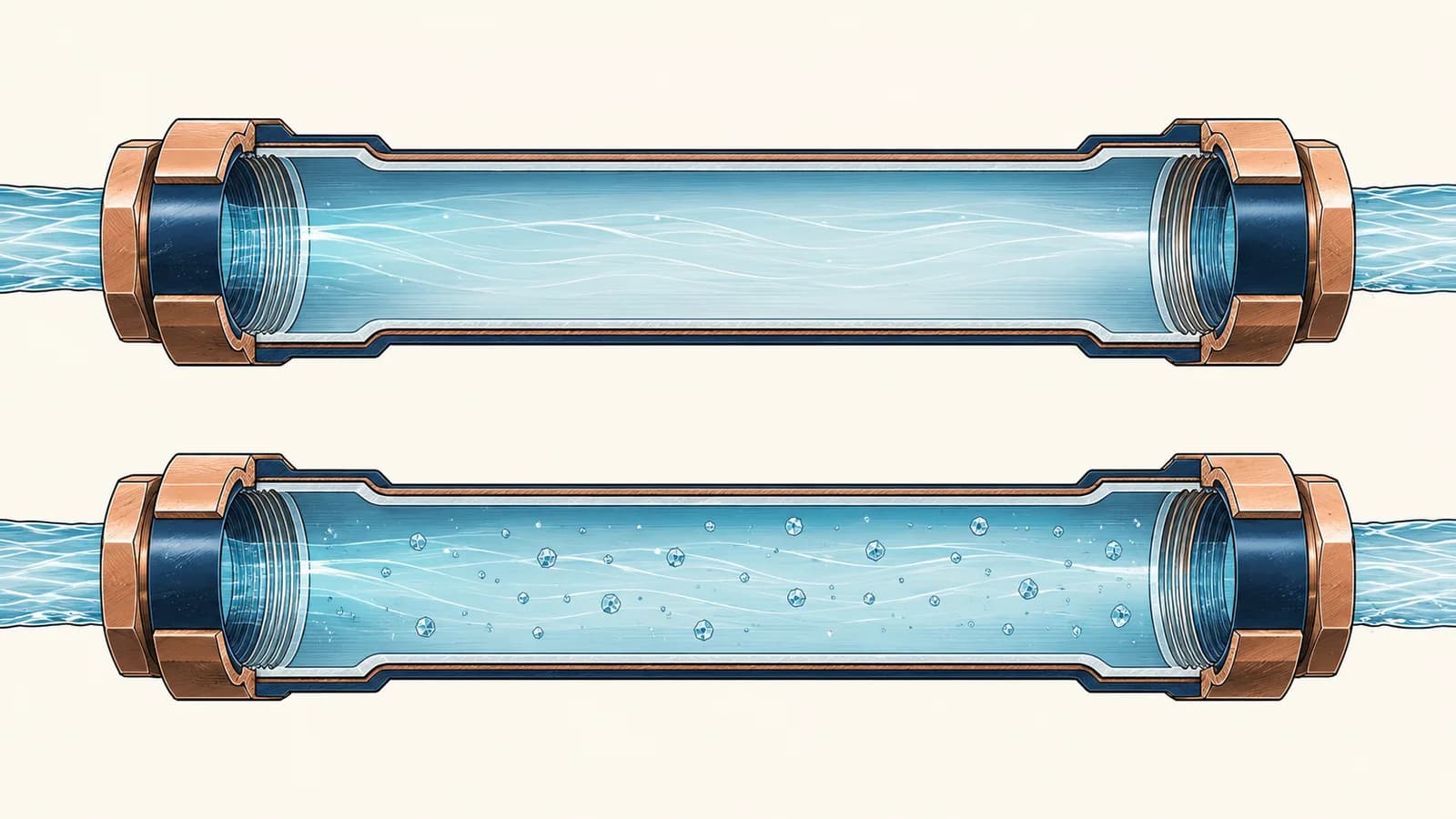 Two pipe cutaways: softened water with no minerals, and conditioned water with suspended crystals, both with clean walls