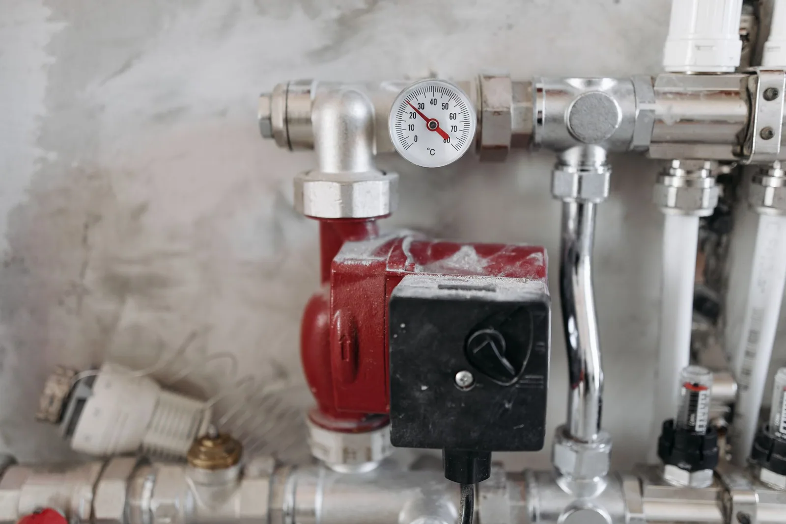 A pressure gauge fitted to steel supply pipes on a plumbing manifold