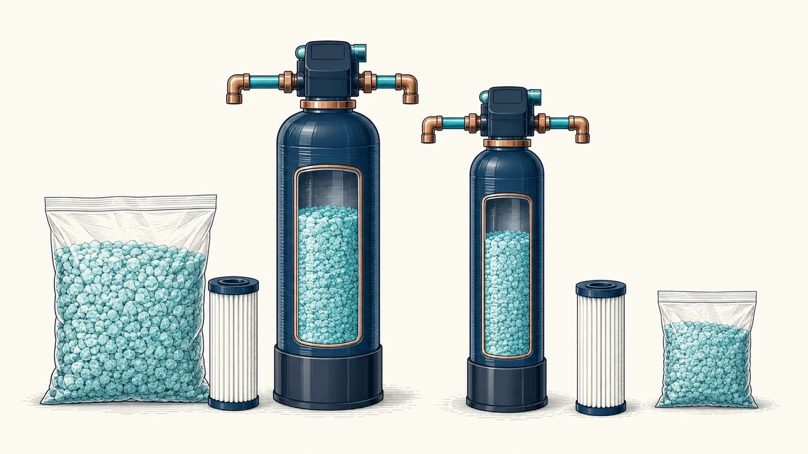 Two whole house filter tanks, each with a replacement media bag of a different size and a pre-filter cartridge