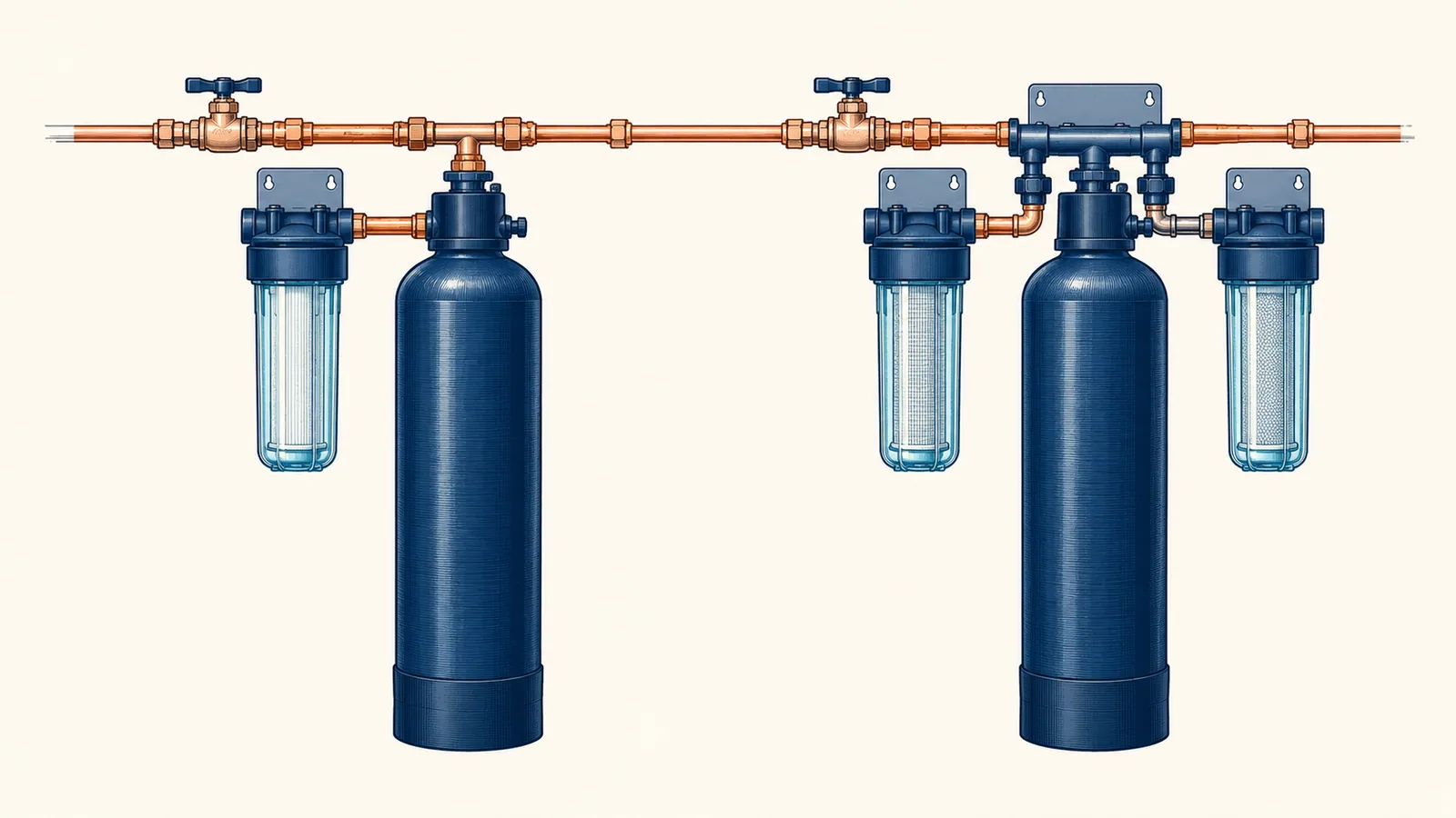 Two whole house filter layouts: a tall tank with one pre-filter, and a tank flanked by pre- and post-filter housings on a manifold